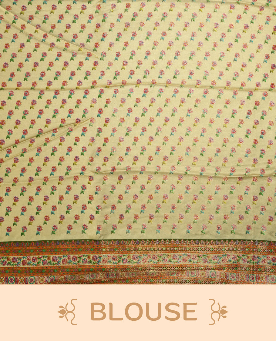 Ivory colour Pashmina silk saree densely woven with intricate multicolour floral kodi pattern across the body, framed by an opulent arabesque border and grand storytelling pallu, paired with a matching woven border blouse piece