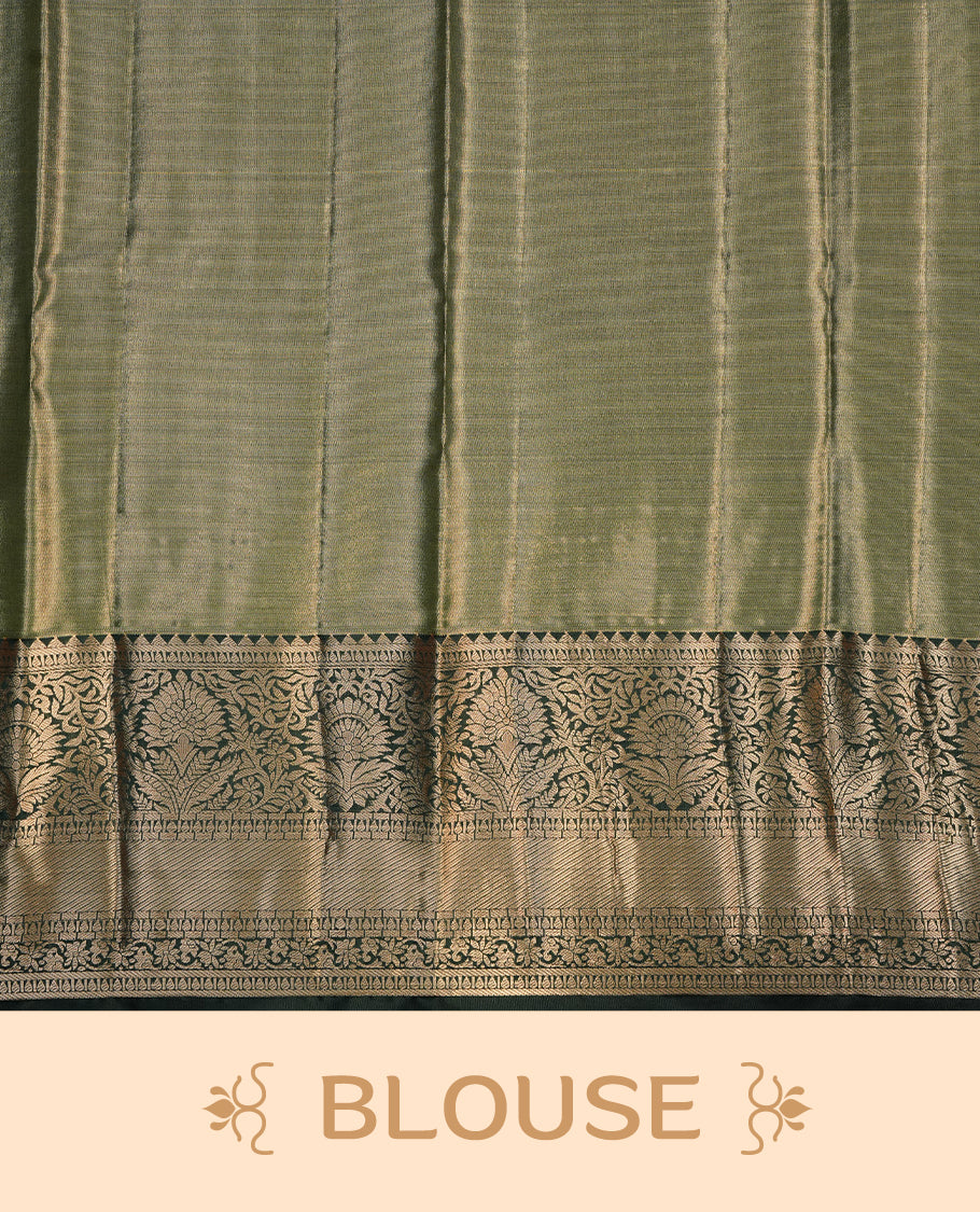 Purple & gold double shade colour semi tissue silk saree featuring gold zari tree pattern on body, contrast Green colour with gold zari traditional border, paired with matching blouse piece.
