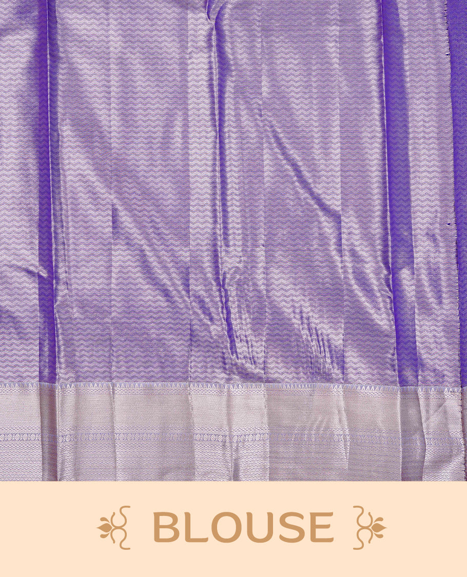 Violet & Gold Double shade Semi Tissue Silk saree featuring Light gold Kodi pattern on body, complemented by Contrast Lavender with gold zari border, paired with matching blouse piece.