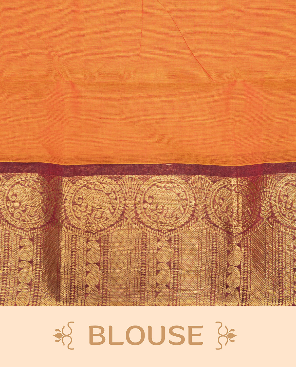 Rust orange colour chettinad cotton saree featuring elegant plain body, Contrast maroon colour with Gold zari border, comes with matching blouse piece.