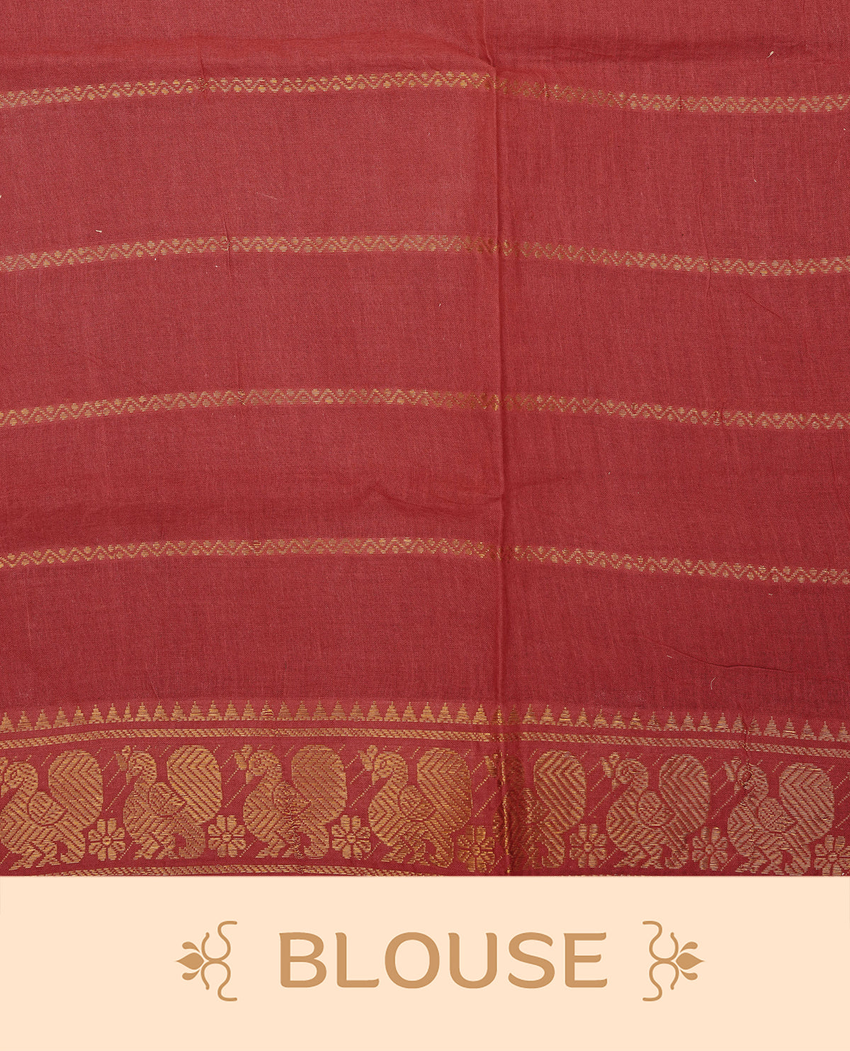 Navy Blue Colour  Sungudi Cotton Saree with gold zari motifs on the body, a matching gold zari border, and a plain pallu. Paired with a contrast Red colour  blouse piece  featuring a gold zari peacock border.
