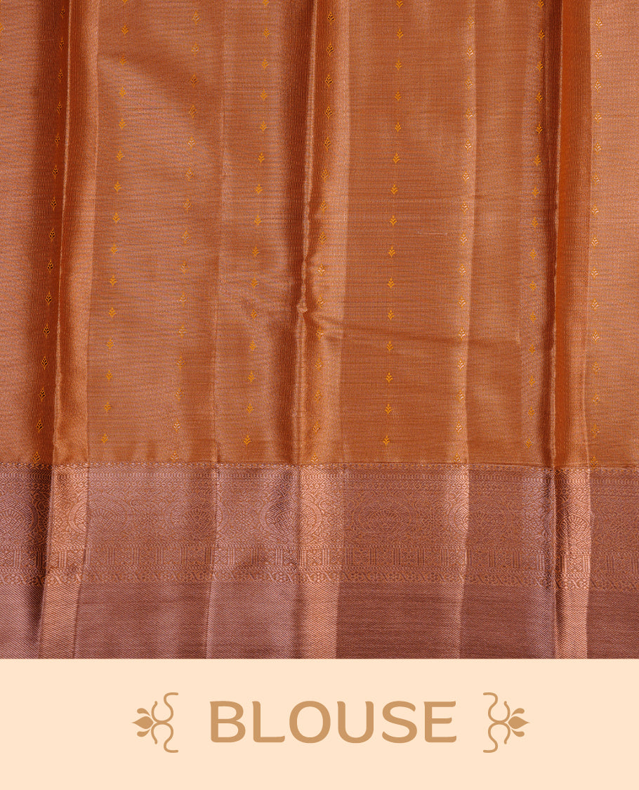 Rose gold colour semi tissue silk saree featuring gold zari motifs on body, self colour with copper zari traditional green simple border, paired with matching blouse piece.