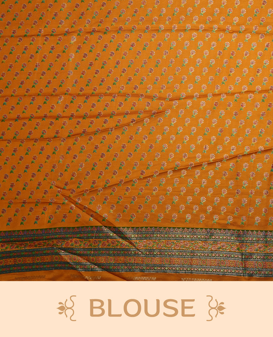 Orange colour Pashmina silk saree densely woven with intricate multicolour floral kodi pattern across the body, framed by an opulent arabesque border and grand storytelling pallu, paired with a matching woven border blouse piece