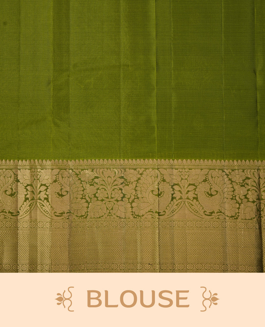 Teal colour soft silk saree featuring gold zari motifs on the body, complemented by a contrast Green traditional zari border and pallu, paired with matching blouse piece.