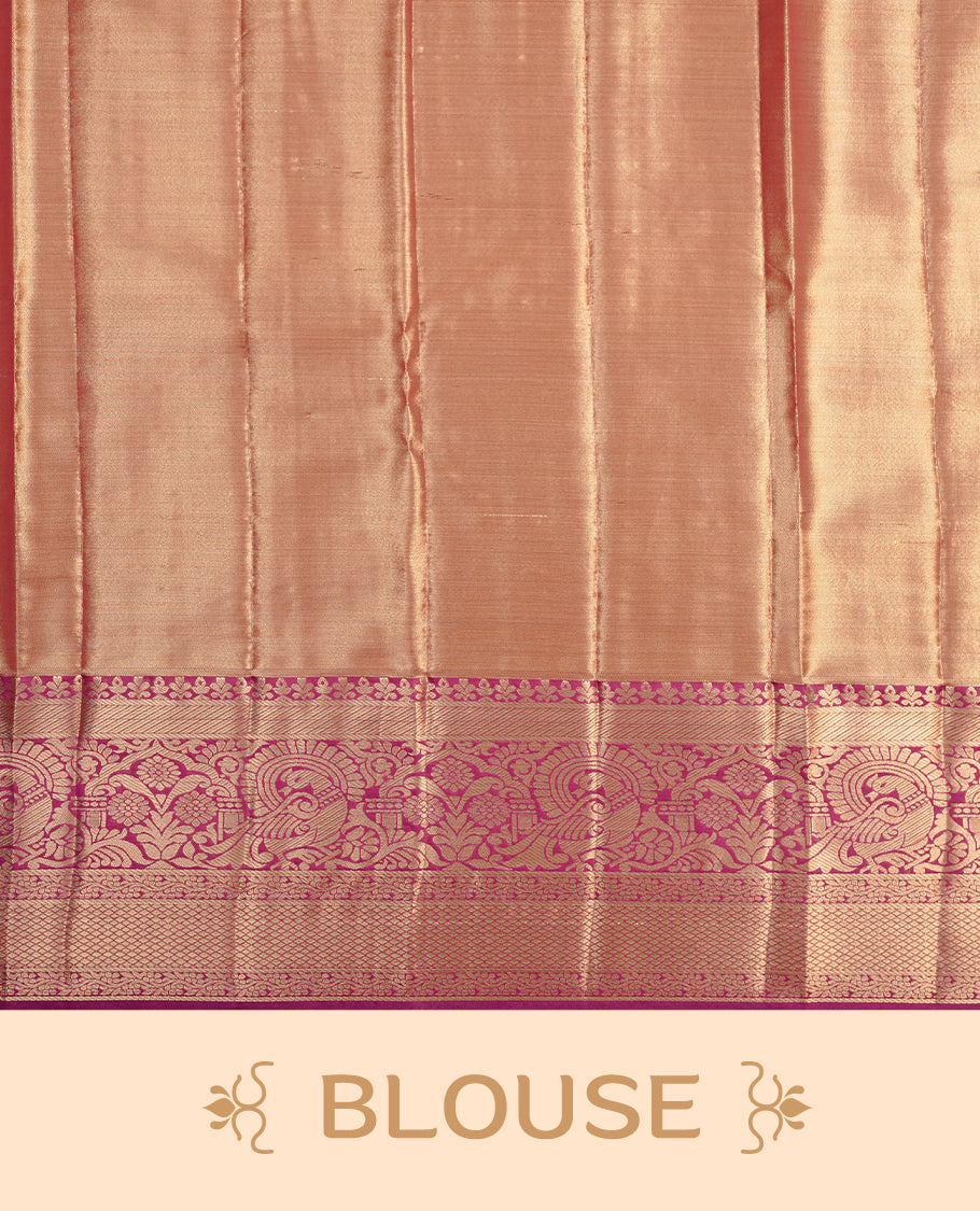 Green & gold double shade colour semi tissue silk saree featuring gold zari floral kodi pattern on body, contrast magenta colour with gold zari traditional border, paired with matching blouse piece.