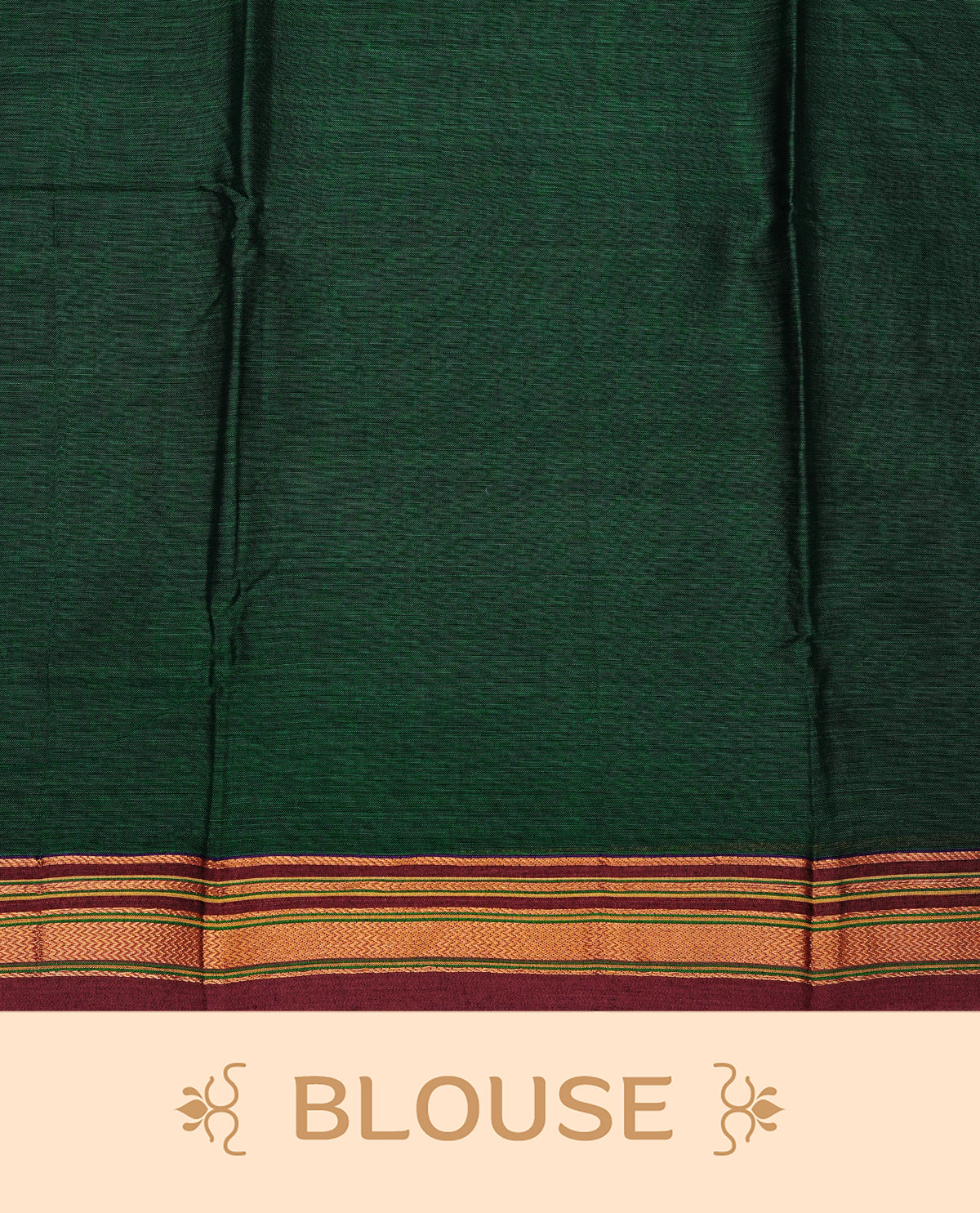 Bottle green colour Narayanapattu cotton saree with a plain body, complemented by a Maroon colour with elegant gold zari detailing border & contrast striped pallu, paired with a matching blouse piece.