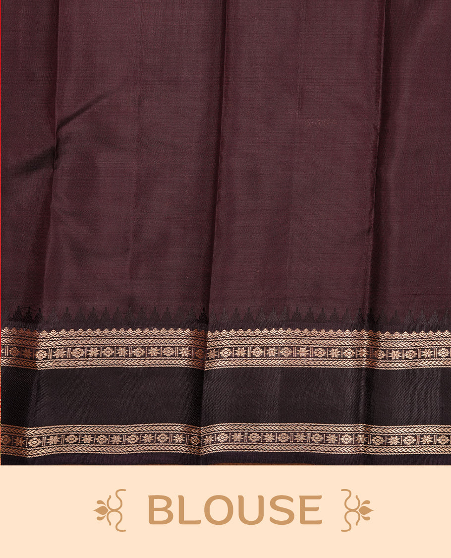 Pastel green & white colour traditional kancheepuram silk saree featuring gold zari check pattern on body, complemented by contrast dark chocolate colour with gold zari traditional border, paired with matching blouse piece.