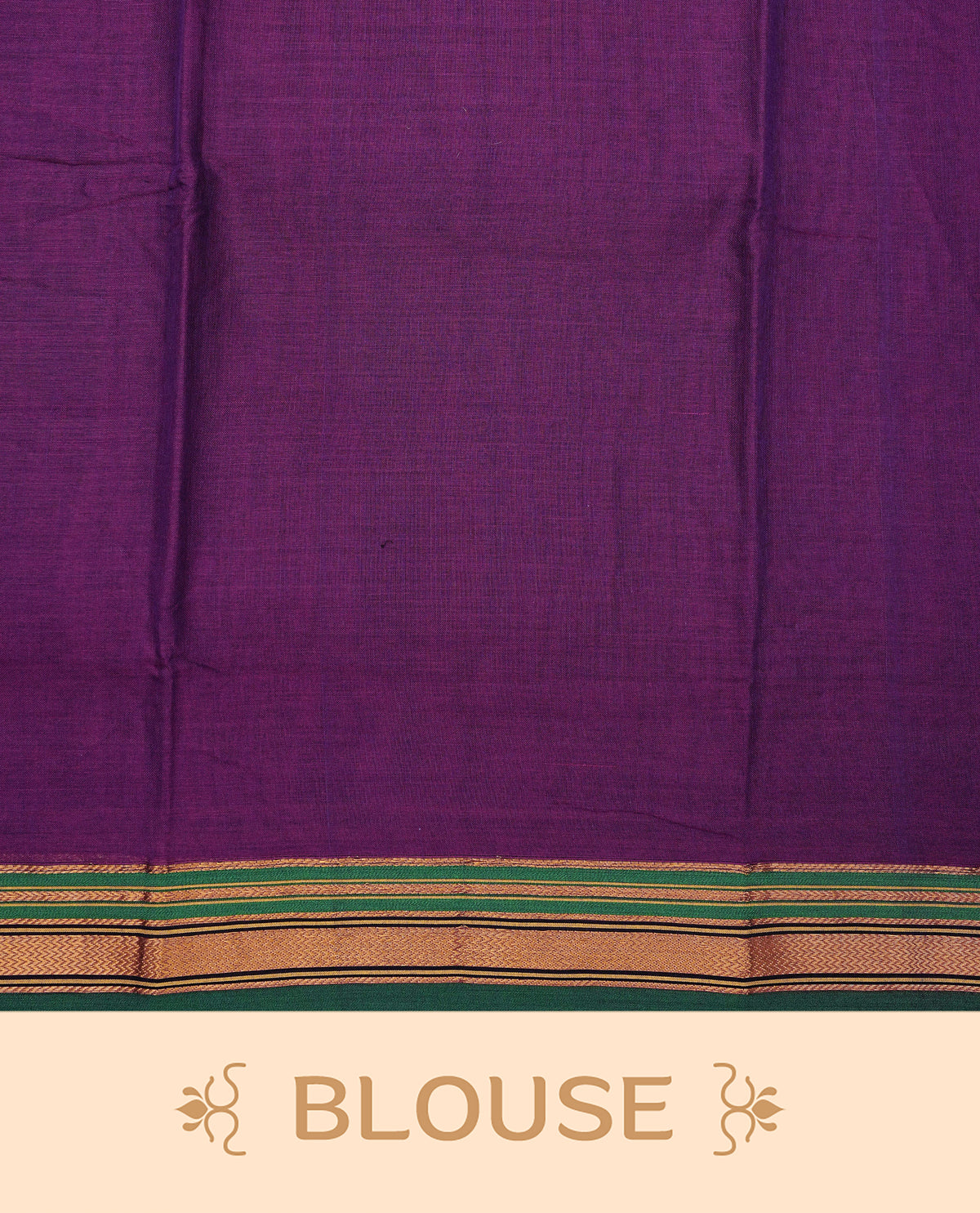 Purple colour Narayanapattu cotton saree with a plain body, complemented by a Green colour with elegant gold zari detailing border & contrast striped pallu, paired with a matching blouse piece.