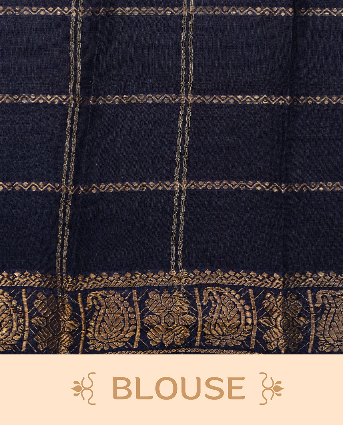 Magenta  Colour Sungudi Cotton Saree with gold zari elephant & Peacock motifs on the body, a self zari border, and a rich gold zari pallu. Paired with a Contrast Navy Blue colour blouse Piece featuring a gold zari border.