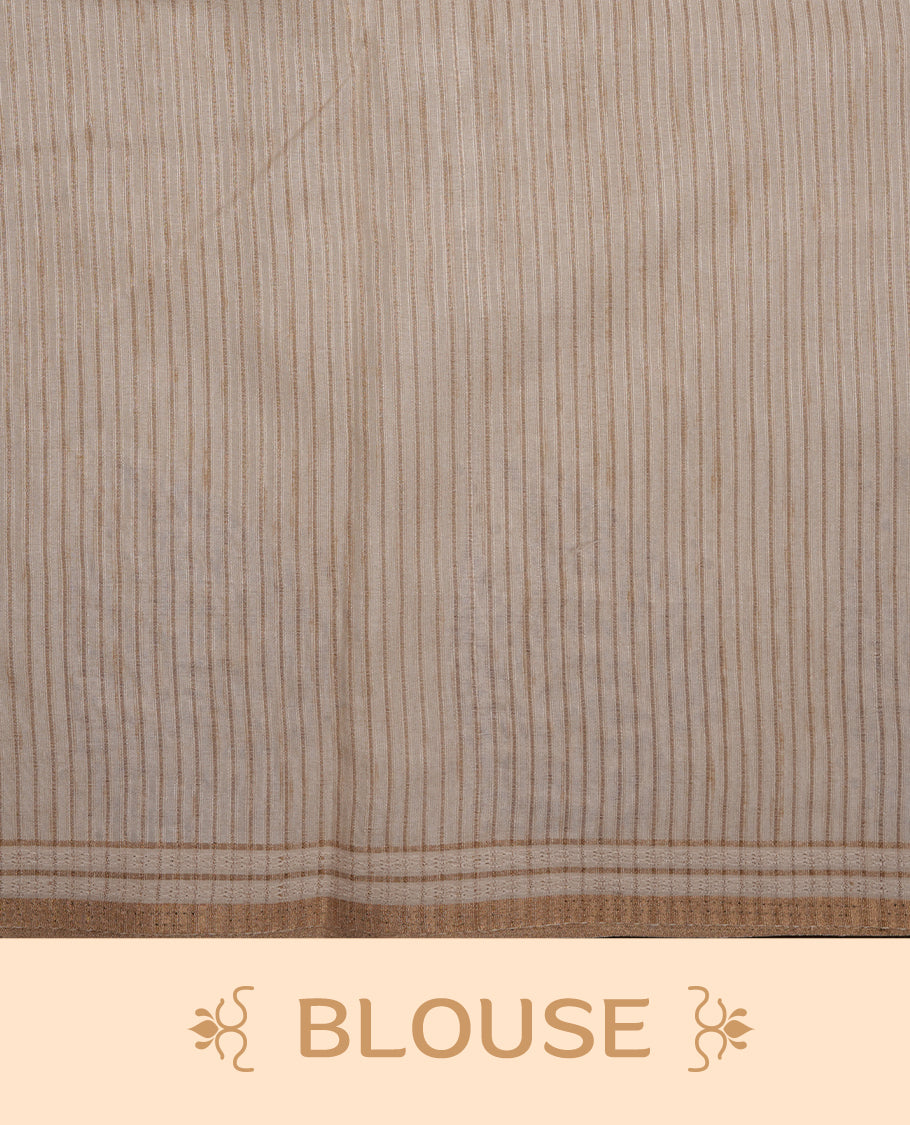 Beige colour Tussar silk saree featuring Elegant plain body, highlighting Lavender colour Leaf cut work with Light gold zari border, pallu and paired with matching blouse piece.