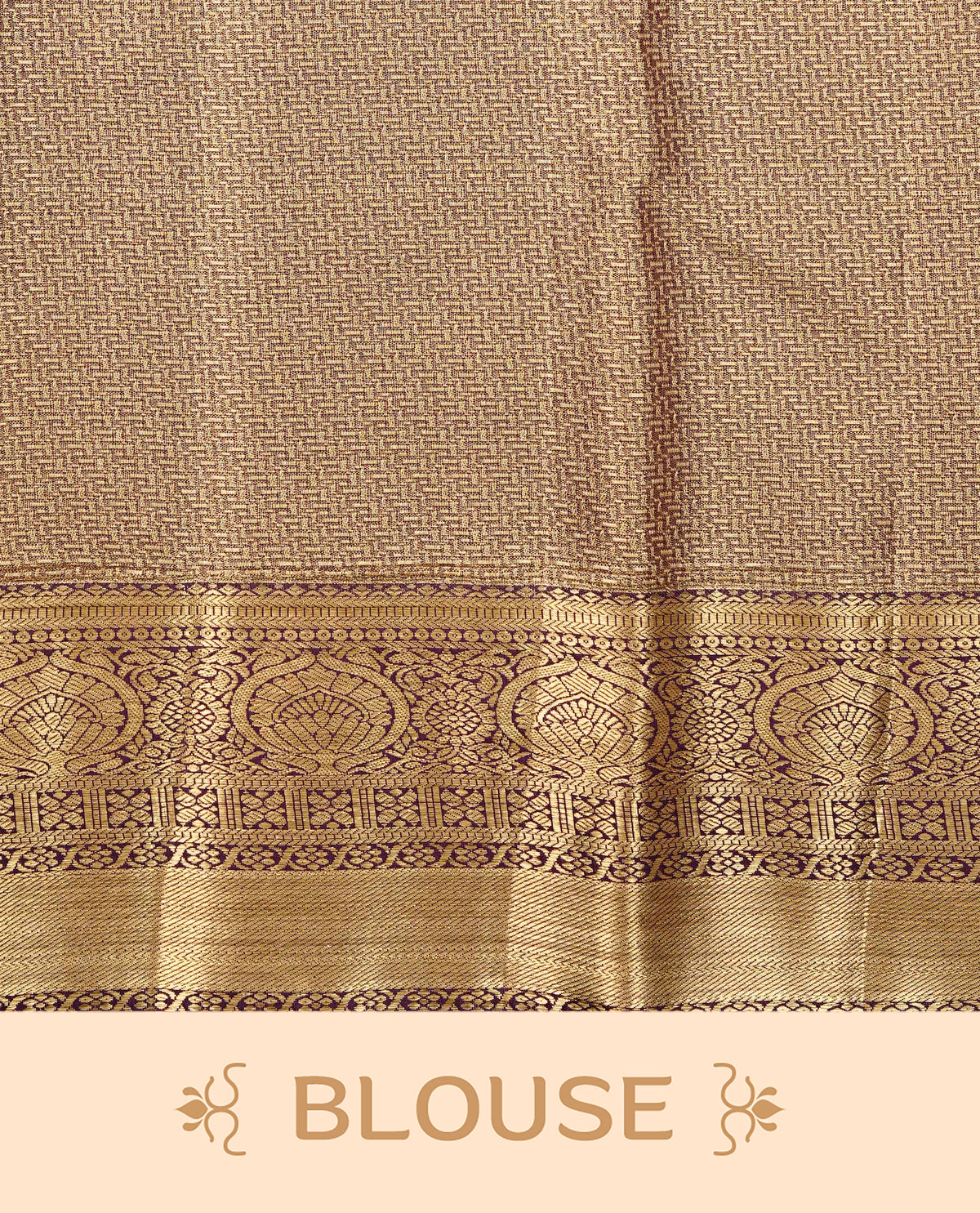 Gold colour Semi Tissue Silk Saree featuring gold zari checks with peacock motifs on the body, complemented by an intricately woven gold zari pallu, a rich Purple border with gold zari work and paired with a matching plain blouse piece.