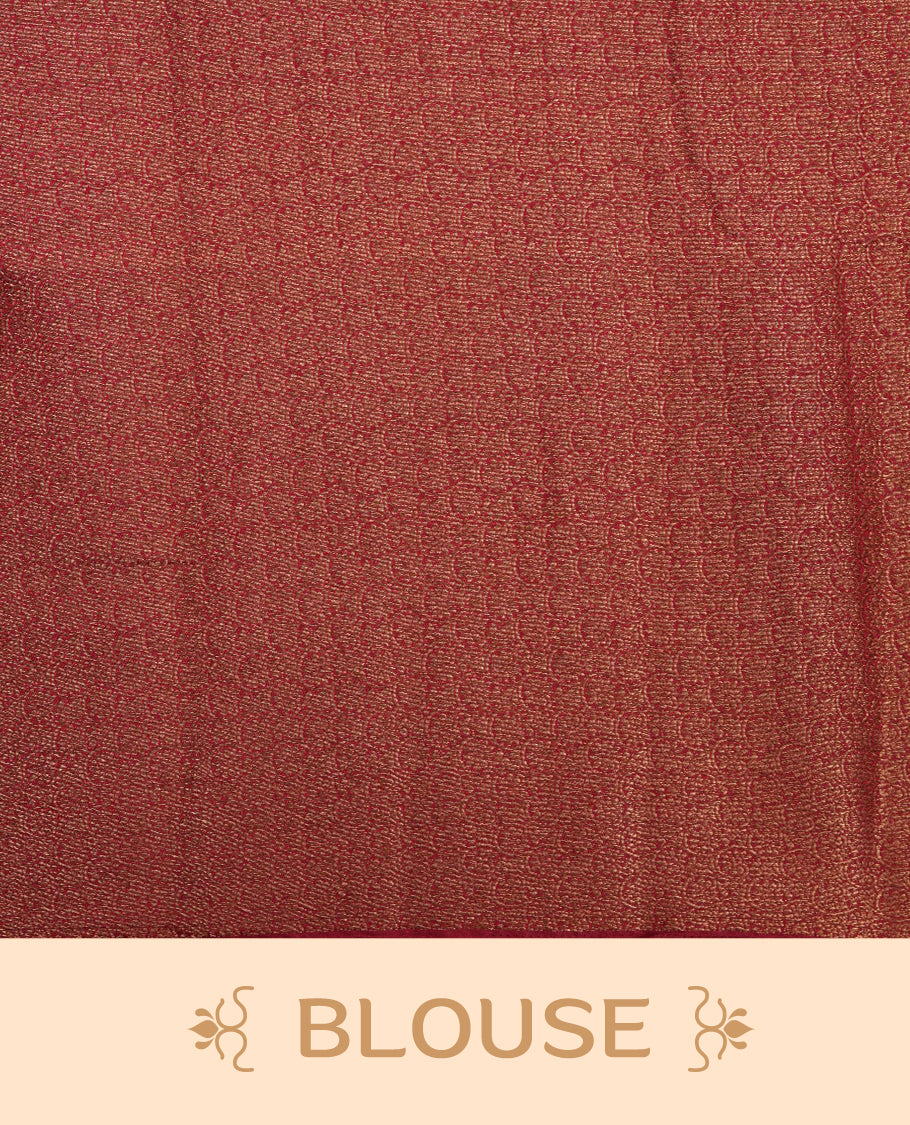 Cream colour semi linen silk saree featuring antique zari motifs on body, traditional border with contrast Deep red colour, pallu and paired with matching blouse