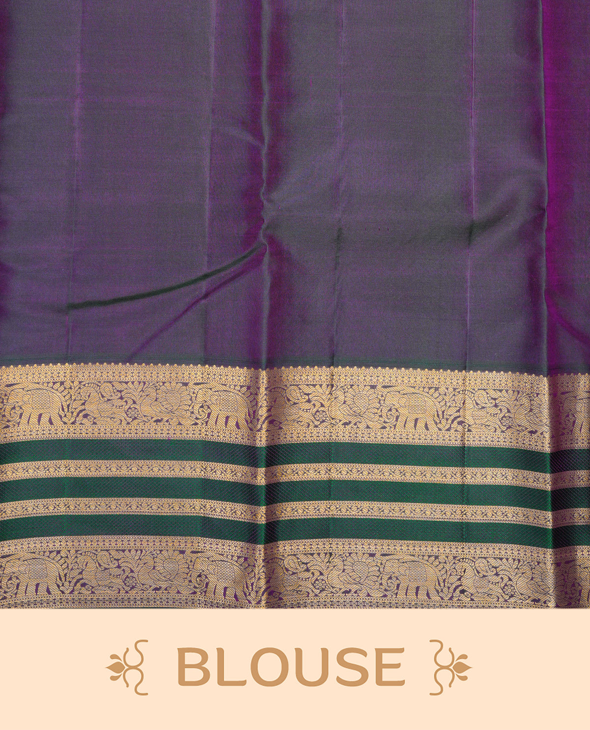 Royal Purple colour Kancheepuram Silk Saree with Gold Zari Checks on body, Contrast Green colour with Gold Zari Border & Rich Woven Pallu, Paired with a matching blouse piece