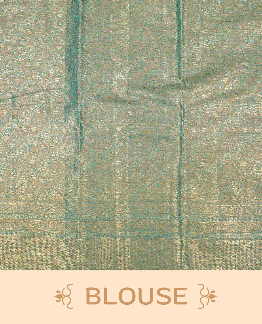 Green & Gold colour Double shade Semi tissue silk saree featuring self color kodi pattern on body, self colour with traditional border, paired with matching blouse piece.