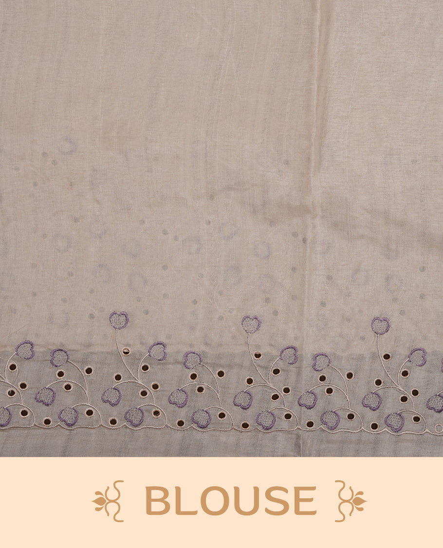 Beige colour Tussar silk saree featuring Elegant plain body, highlighting Lavender colour thread floral kodi worked scalp border, pallu and paired with matching blouse piece.