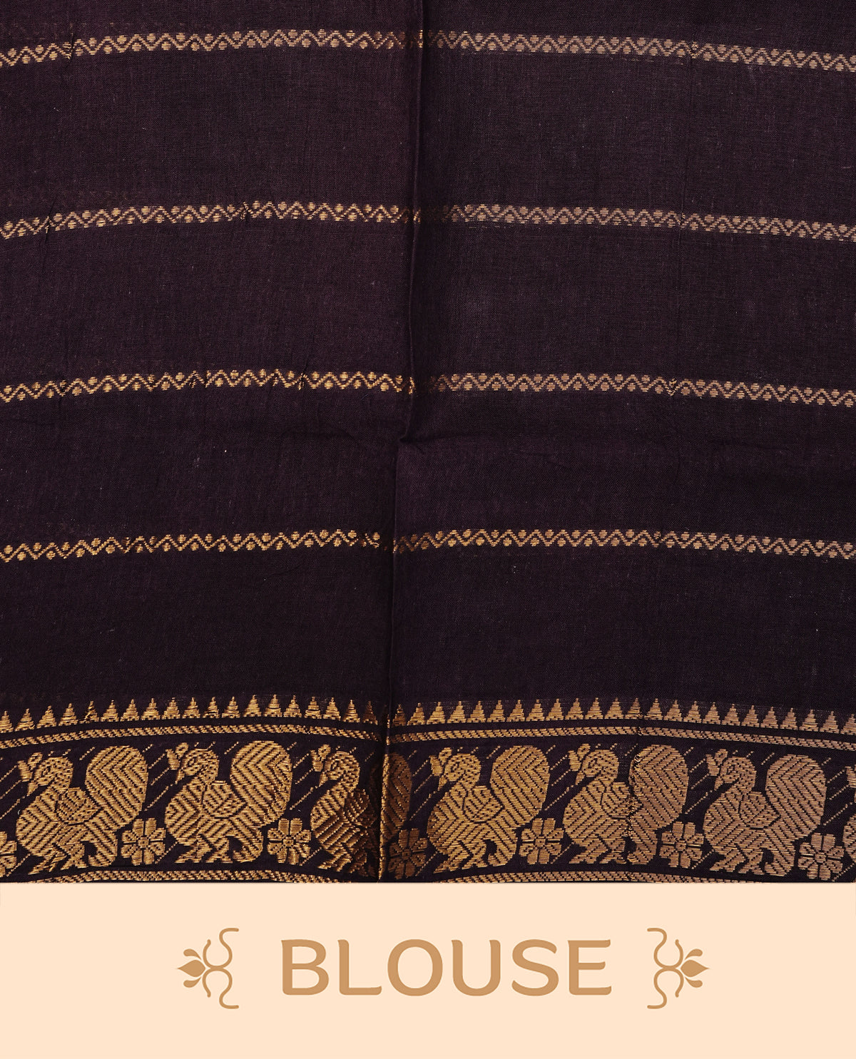 Pink  Colour  Sungudi Cotton Saree with gold zari motifs on the body, a matching gold zari border, and a plain pallu. Paired with a contrast Dark Chocolate Brown colour  blouse piece  featuring a gold zari peacock border.