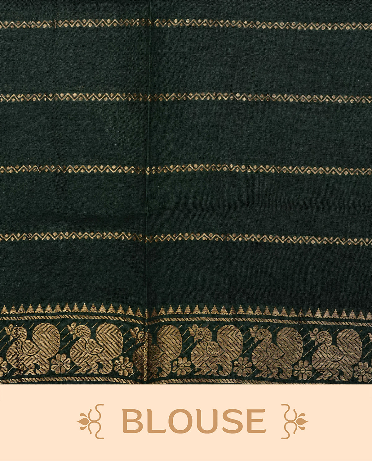 Red Colour  Sungudi Cotton Saree with gold zari motifs on the body, a matching gold zari border, and a plain pallu. Paired with a contrast Dark Green colour  blouse piece  featuring a gold zari peacock border.