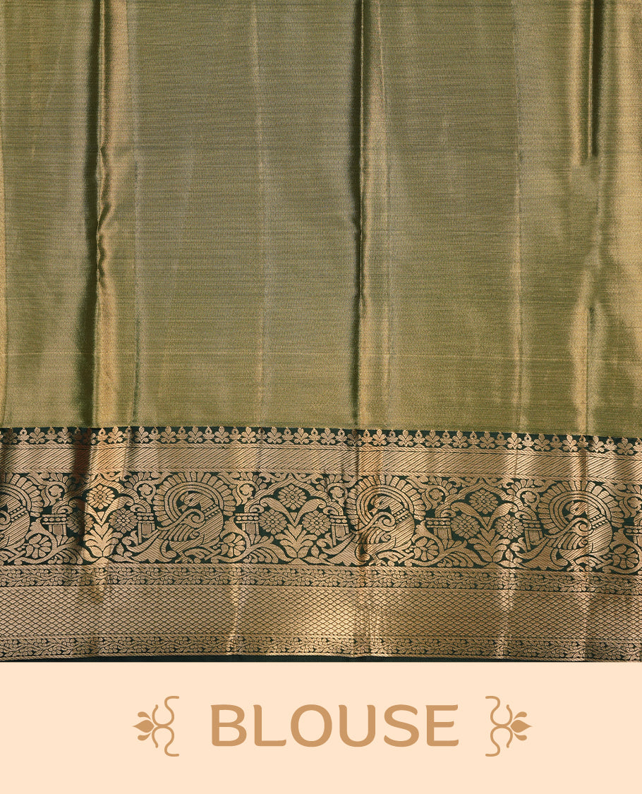 Purple & gold double shade colour semi tissue silk saree featuring gold zari floral kodi pattern on body, contrast green colour with gold zari traditional border, paired with matching blouse piece.
