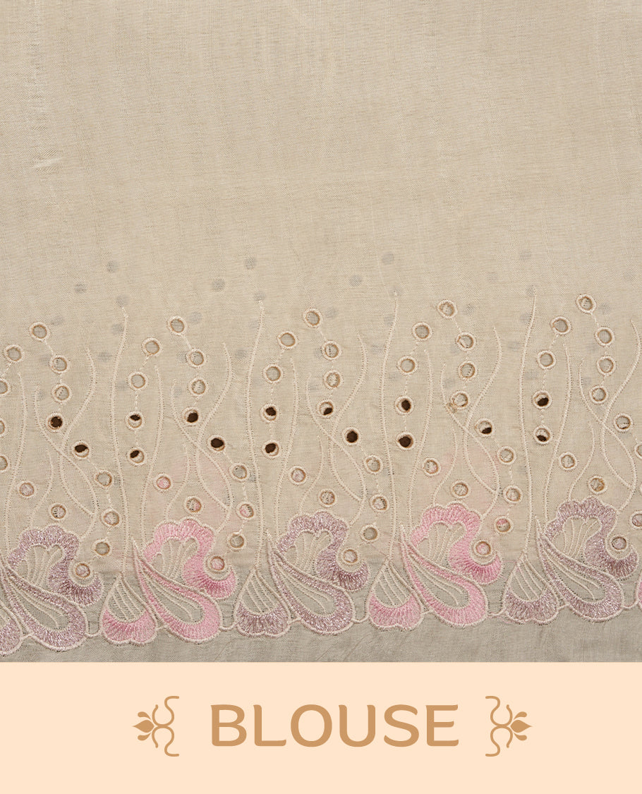 Beige colour Tussar silk saree featuring Elegant plain body, highlighting pink colour thread worked scalp border, pallu and paired with matching blouse piece.