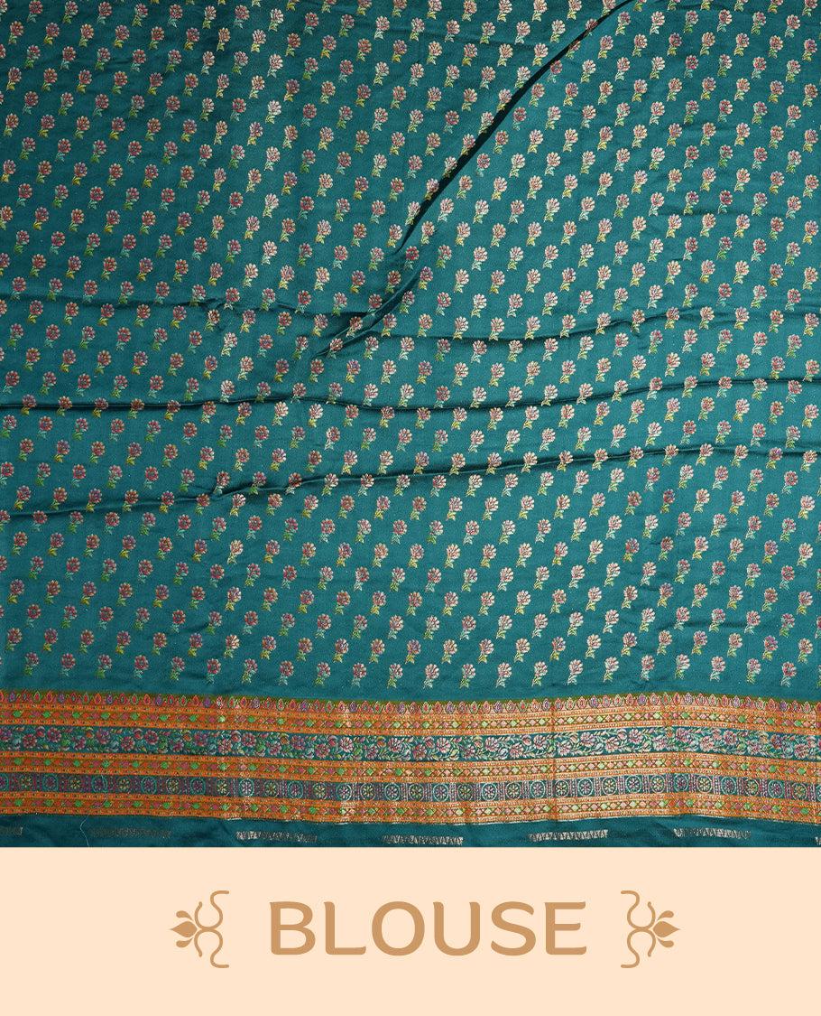 Crystal Teal blue colour Pashmina silk saree densely woven with intricate multicolour floral kodi pattern across the body, framed by an opulent arabesque border and grand storytelling pallu, paired with a matching woven border blouse piece