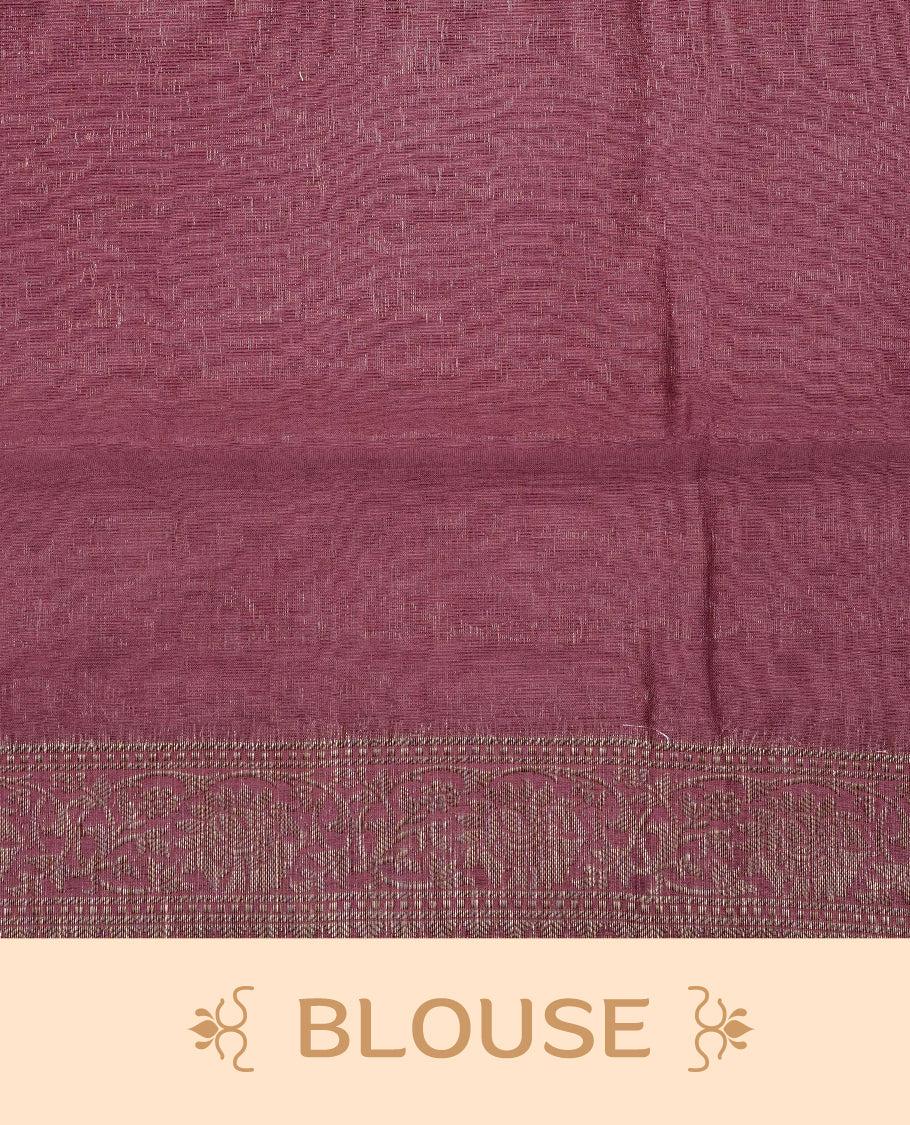 Pastel Onion Colour Tussar Silk saree with antique zari butta motifs On Body, a self-toned floral zari border, a rich zari pallu, and a matching blouse piece.