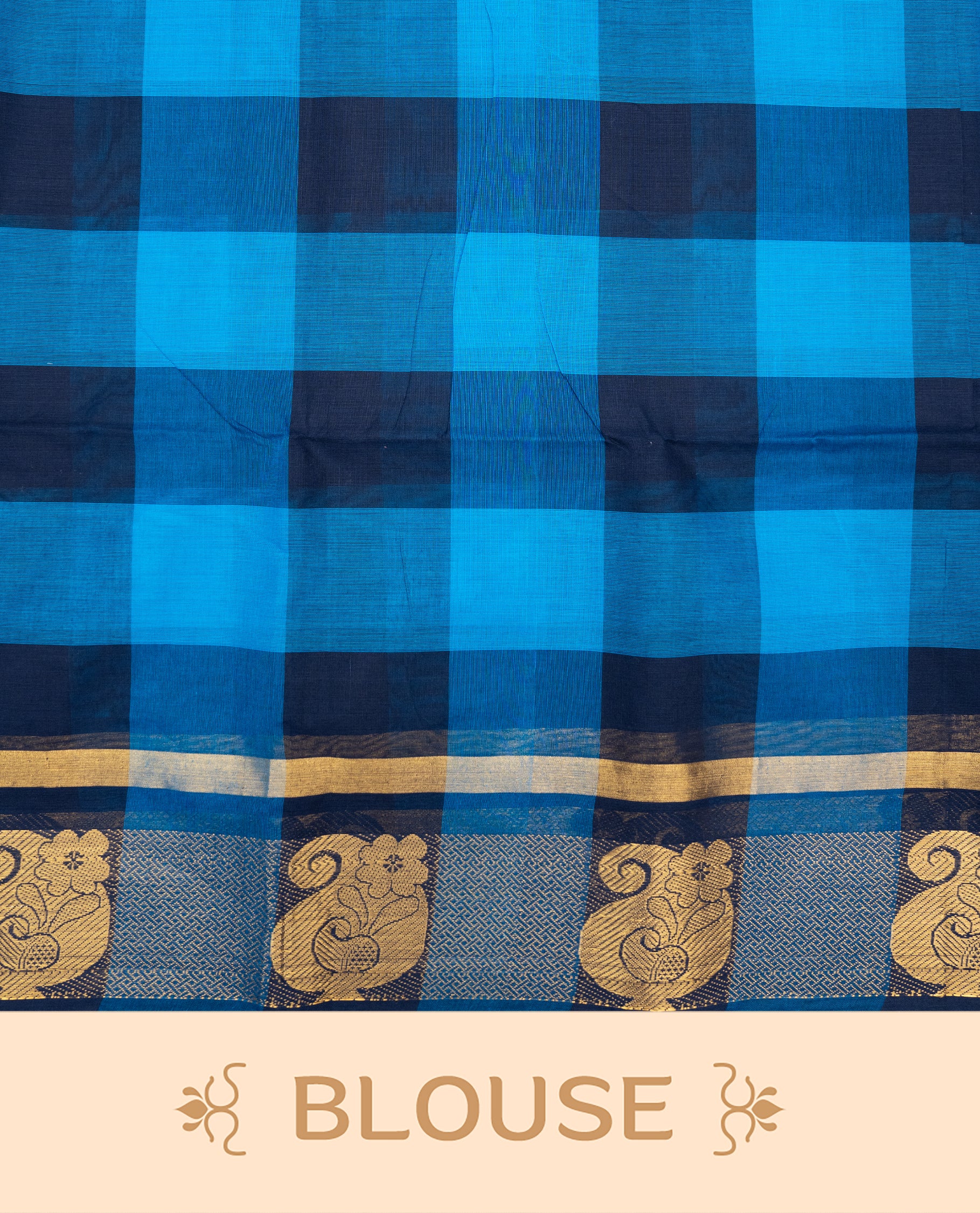 Navy blue & Blue colour chettinad cotton saree featuring check pattern on body, complemented by Self Colour with gold zari border, comes with matching blouse piece.