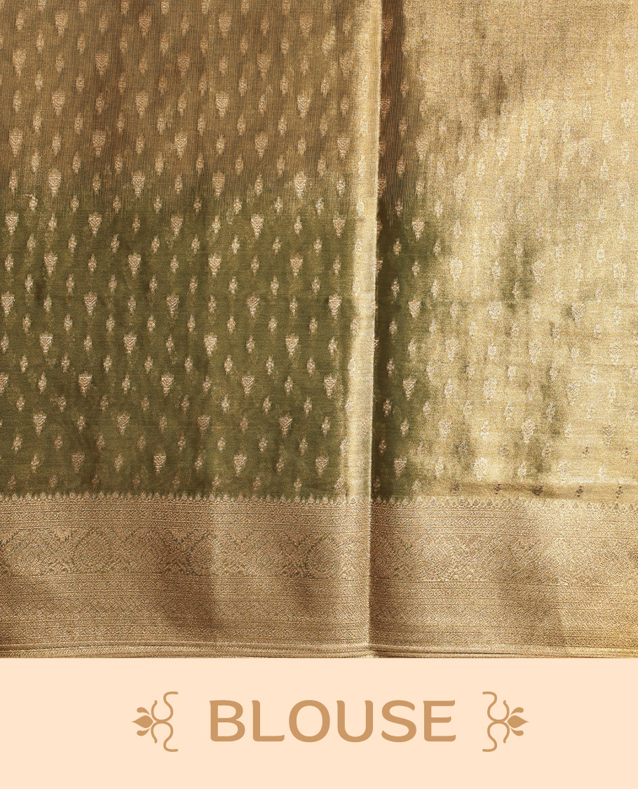 Green, light green, gold triple shade colour semi Tissue silk saree featuring gold zari motifs on body, complemented by gold zari traditional border, paired with matching blouse piece.