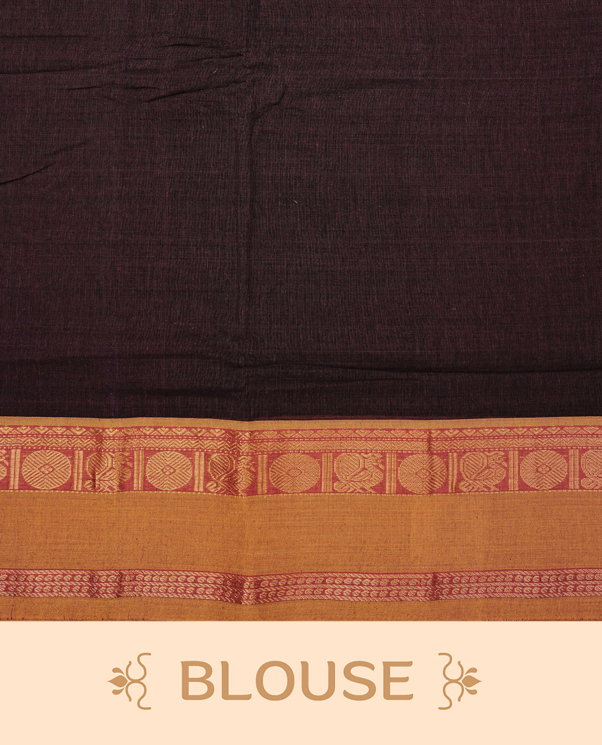 Dark Wine colour Narayanapattu cotton saree with a plain body, complemented by a Mustard Colour with Gold zari border & contrast pallu, paired with a matching blouse piece.