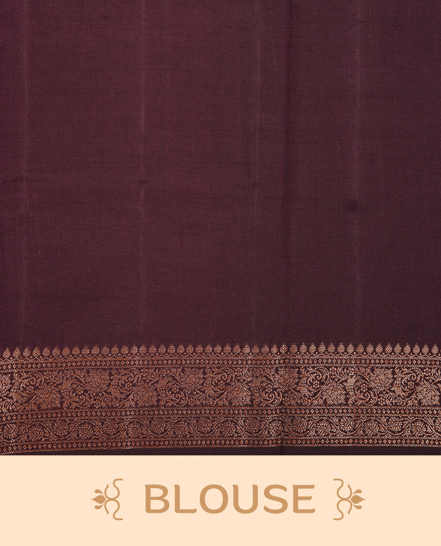 Deep lavender colour Pure banaras soft silk saree featuring Antique zari motifs on body, contrast Blackberry colour border , traditional pallu and paired with matching blouse