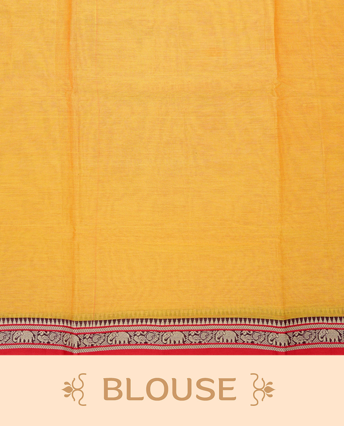 Yellow colour Narayanapattu cotton saree with a plain body, complemented by a red colour border featuring beige peacock and elephant motifs & a contrast pallu, paired with a matching blouse piece.