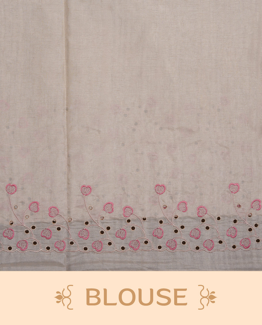 Beige colour Tussar silk saree featuring Elegant plain body, highlighting Mauve colour thread floral kodi worked scalp border, pallu and paired with matching blouse piece.