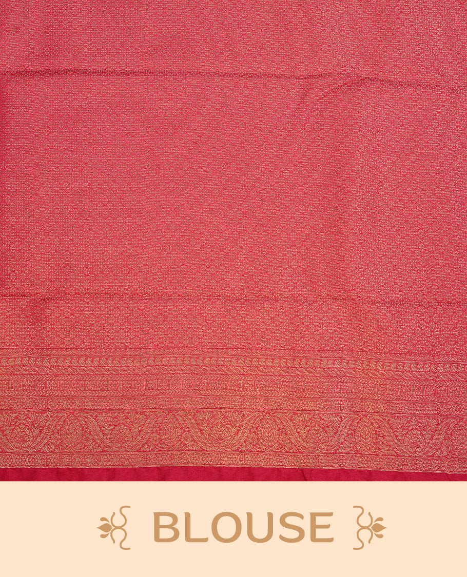 Magenta colour soft silk saree featuring gold zari pattern on body, complemented by self colour with traditional border, paired with matching blouse piece.