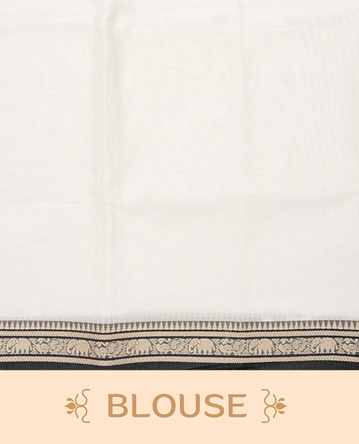 Off White colour Narayanapattu cotton saree with a plain body, complemented by a Black colour border featuring beige peacock and elephant motifs & a contrast pallu, paired with a matching blouse piece.