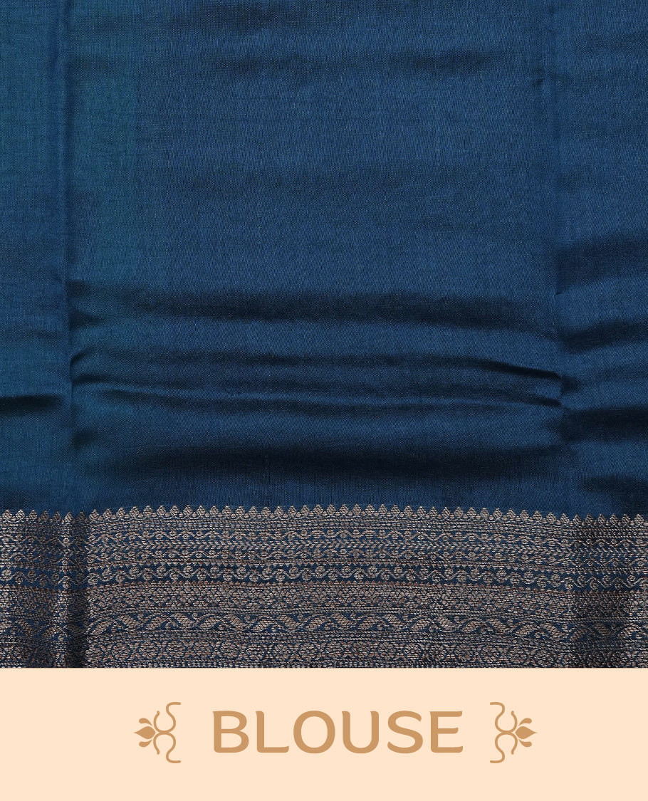 Pastel Aqua Green Colour Tussar Silk saree with elegant antique zari floral motifs On Body, a contrasting Peacock blue zari border, a rich zari pallu, Paired With a matching  blouse piece.