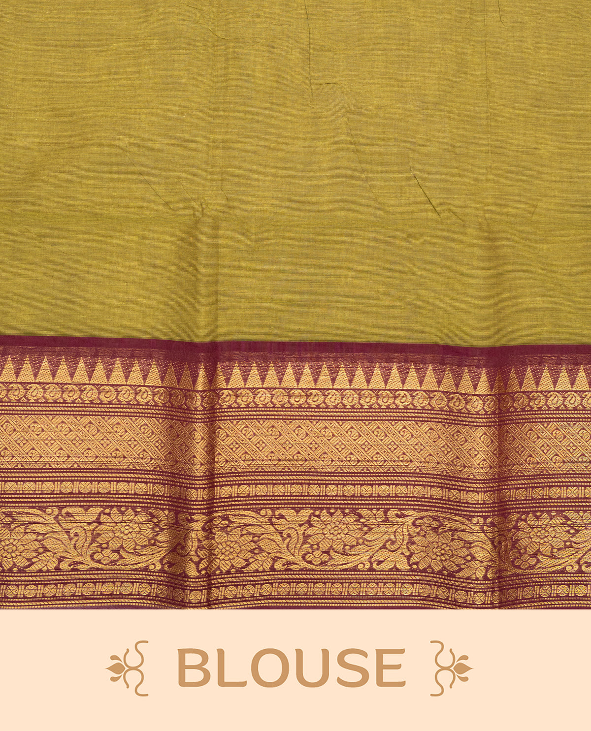 Olive colour chettinad cotton saree featuring elegant plain body, Contrast maroon colour with Gold zari border, comes with matching blouse piece.