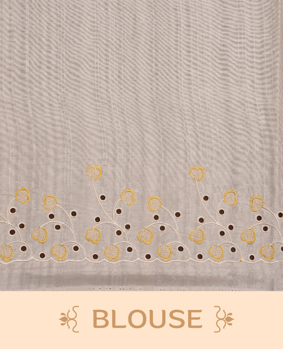 Beige colour Tussar silk saree featuring Elegant plain body, highlighting Yellow colour thread floral kodi worked scalp border, pallu and paired with matching blouse piece.