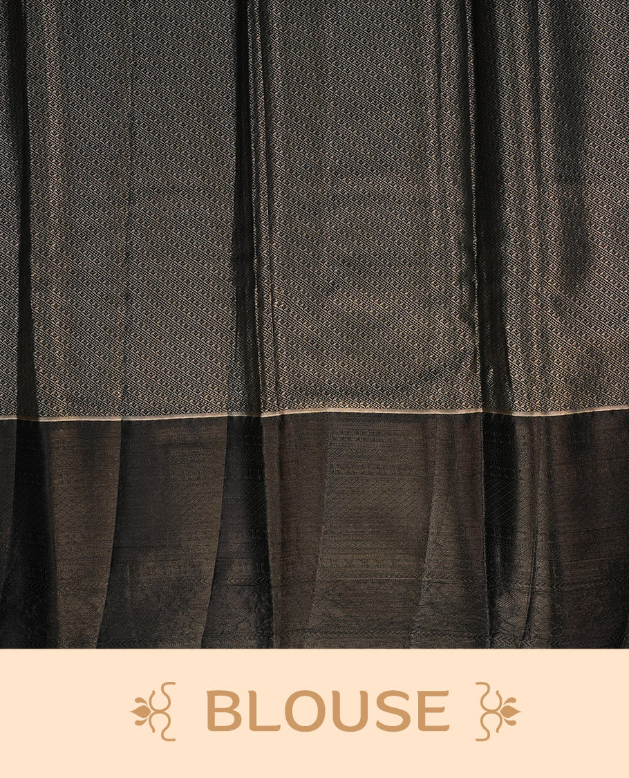 Silver colour semi tissue silk saree featuring gold zari check pattern on body, contrast Black colour with selfcolour traditional border, paired with matching blouse piece.