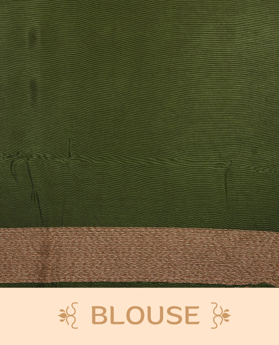 Dark green colour semi banaras tussar georgette saree featuring antique gold zari buttas on body, temple pattern on border and floral pattern on pallu, paired with matching blouse piece.