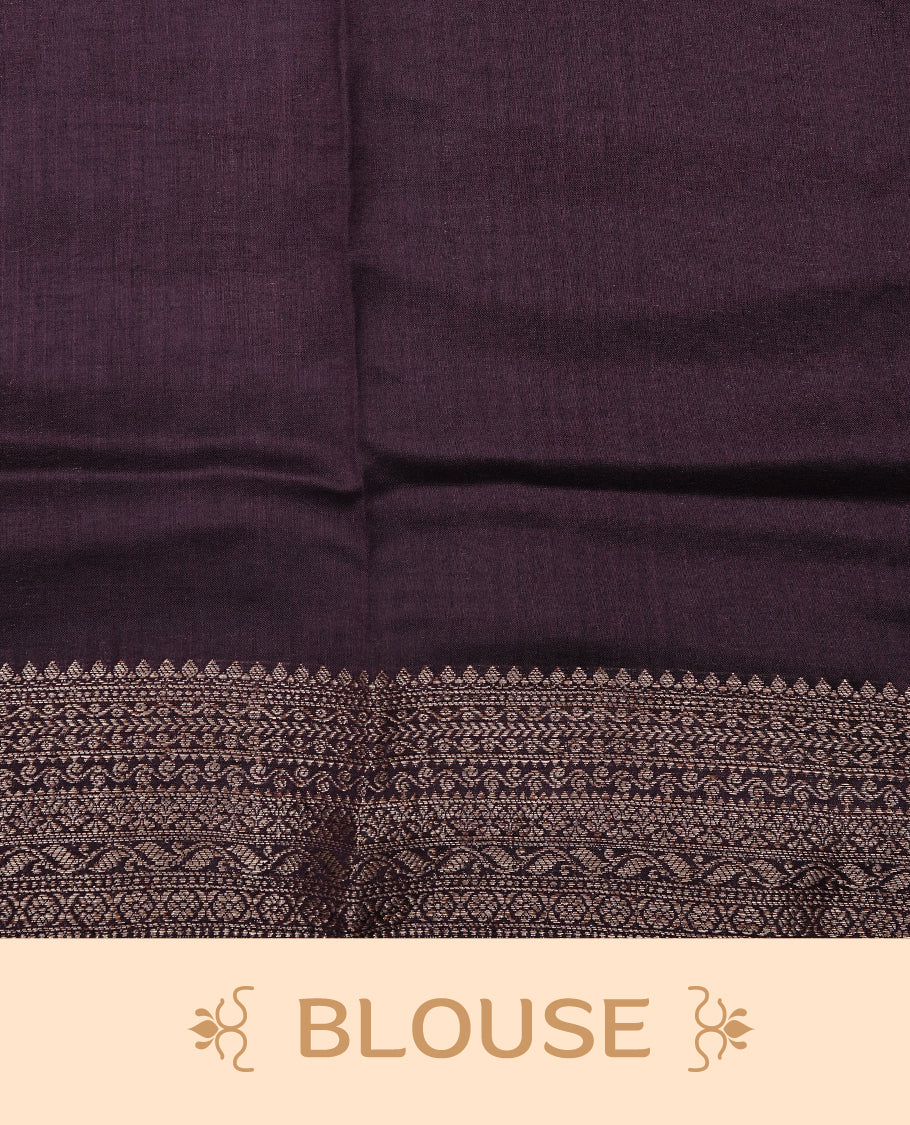 Lavender Colour Tussar Silk saree with elegant antique zari floral motifs On Body, a contrasting Wine zari border, a rich zari pallu, Paired With a matching  blouse piece.