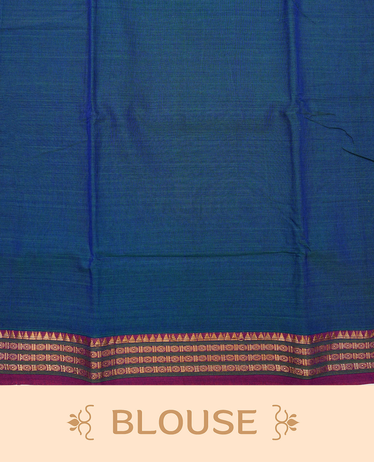 Teal Blue colour Narayanapattu cotton saree with a plain body, complemented by a magenta colour with Gold Zari border & contrast pallu, paired with a matching blouse piece.