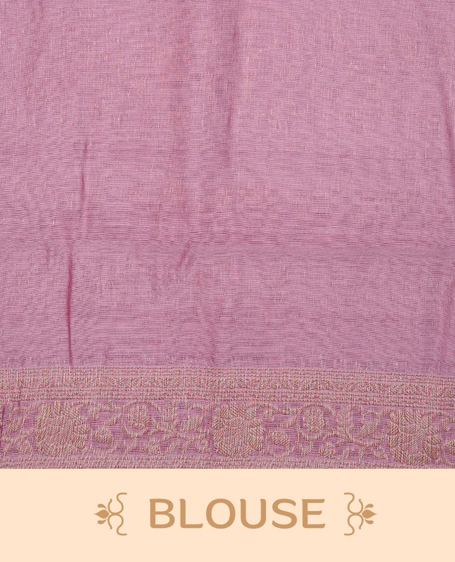 Onion Pink colour Tussar Silk saree featuring antique zari butta motifs on Body , enhanced with a self coloured floral Gold zari border and pallu, paired with a matching blouse piece.