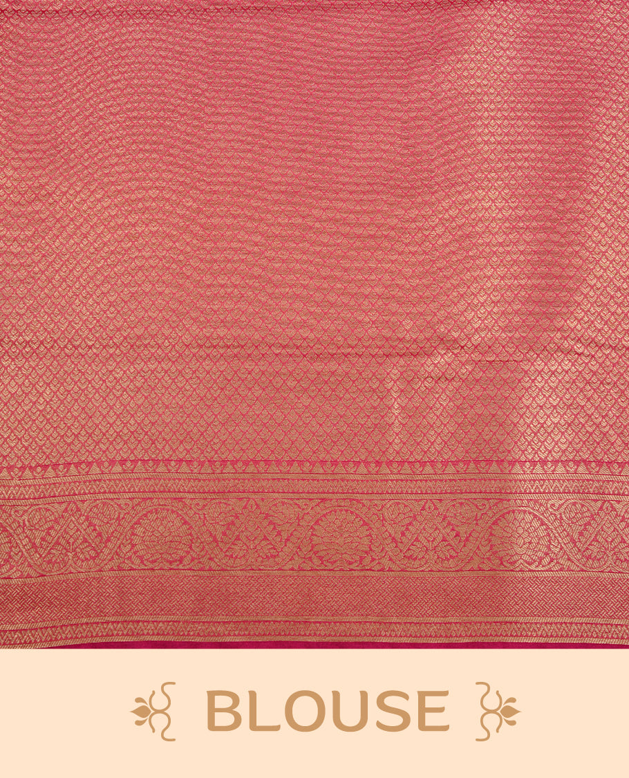 Rani pink colour soft silk saree featuring gold zari zig zag & floral kodi pattern on body, complemented by self colour with traditional border, paired with matching blouse piece.