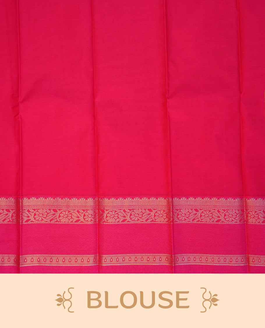 Mustrad coloured soft silk saree featuring silver zari stripes and motifs across the body, enhanced with a contrast Magenta border and pallu, paired with a matching contrast blouse piece.