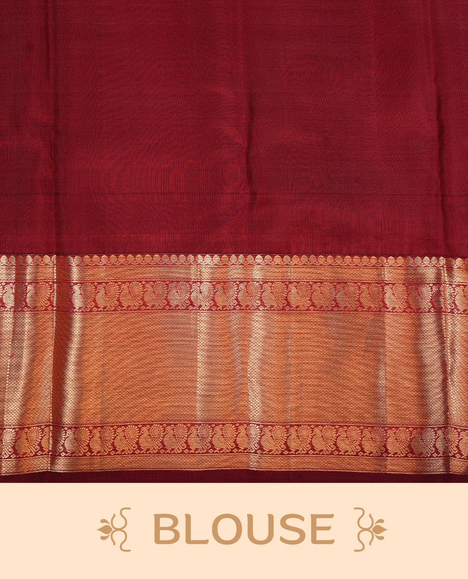 Maroon colour kancheepuram silk saree featuring gold zari floral kodi pattern on body, complemented by self colour with traditional border, paired with matching blouse piece.