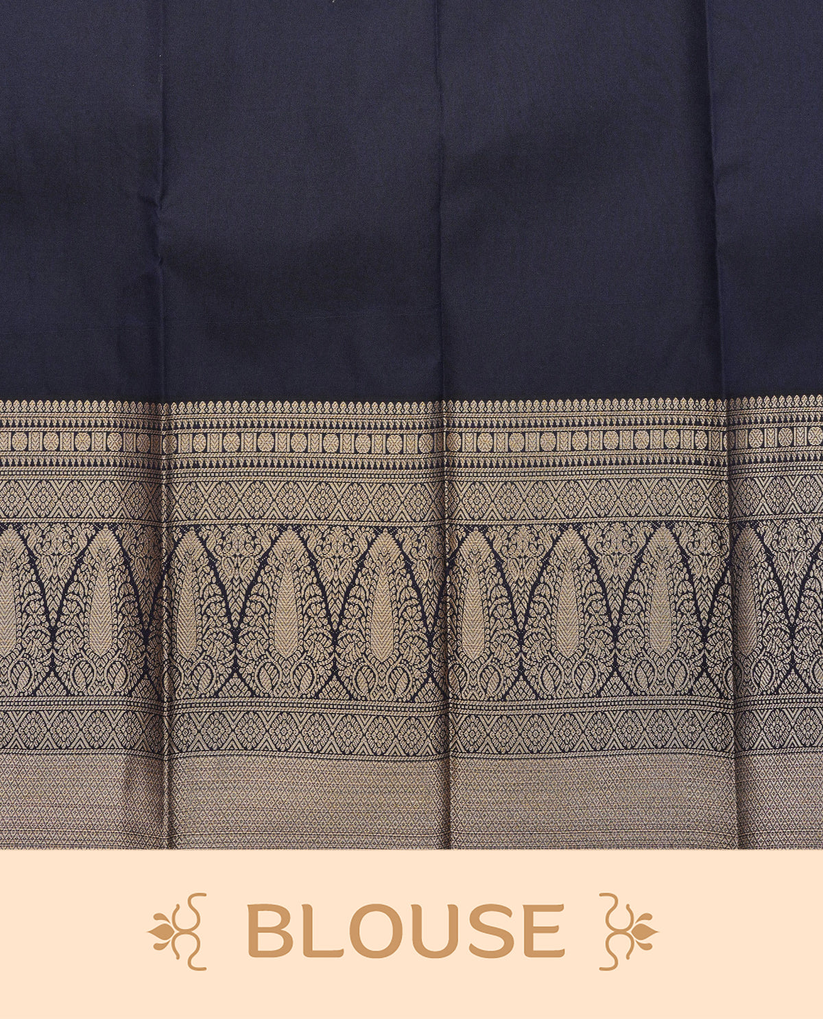 Dark navy blue colour soft silk saree featuring gold zari buttas on body, contrast self colour gold zari motifs on border, grand pallu comes with matching blouse piece.