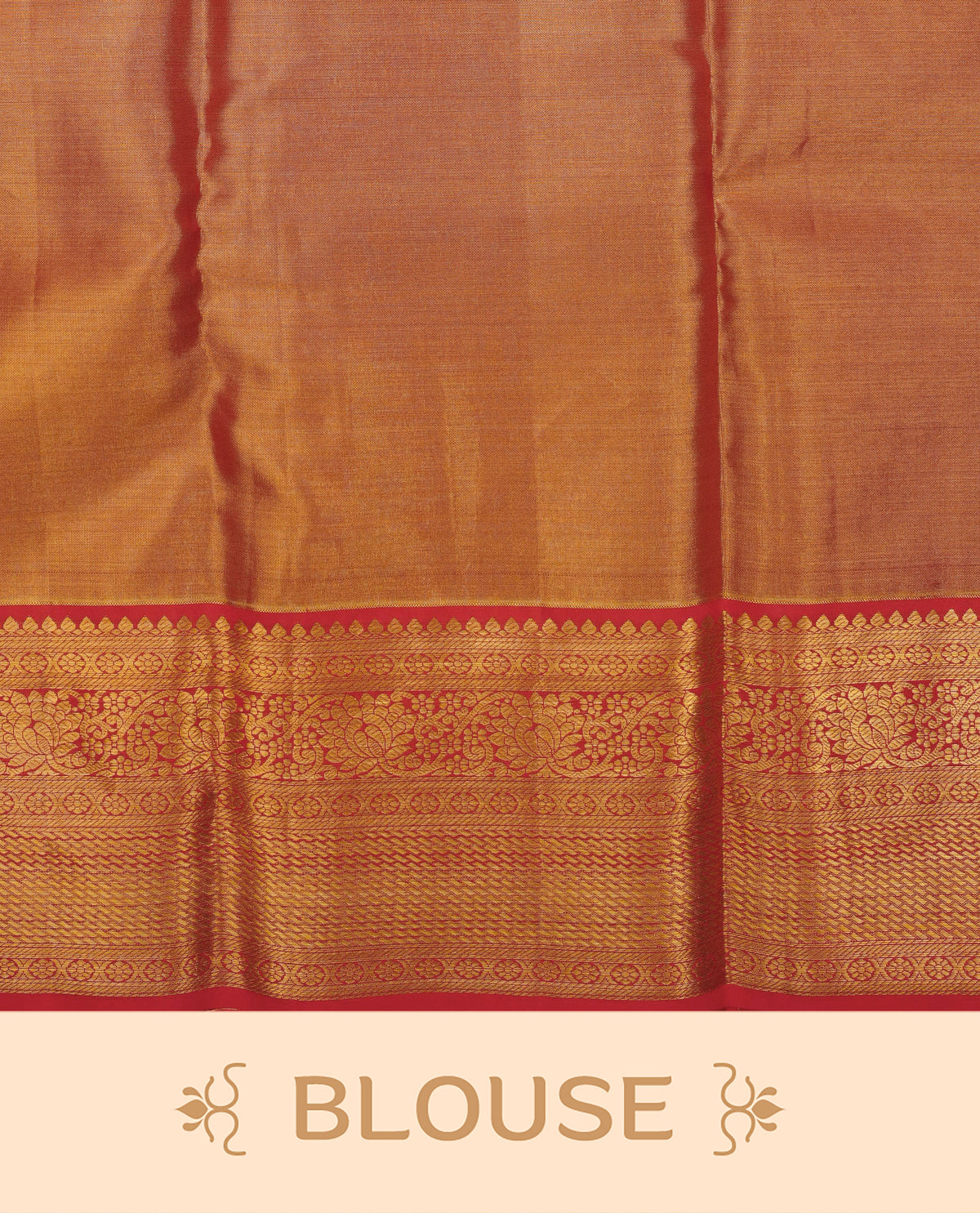 Light Red & Gold Double shade pure tissue silk saree featuring Gold Zari Leaf Patten on body, complemented by contrast Red colour Traditional border, comes with matching blouse piece.