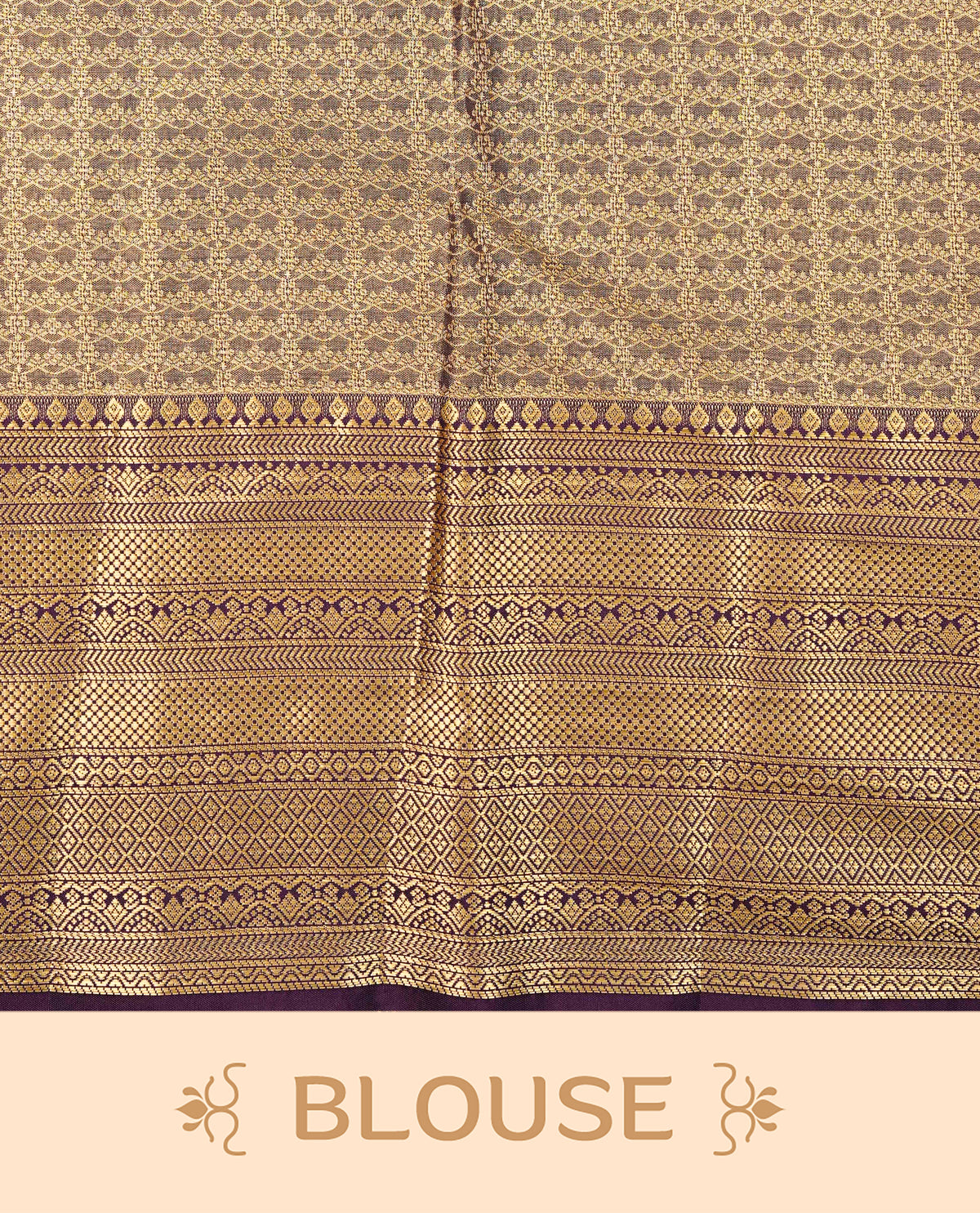 Beige colour Semi Tissue Silk Saree featuring gold zari Works on the body, complemented by an intricately woven gold zari pallu, a rich Purple border with gold zari work and paired with a matching plain blouse piece.