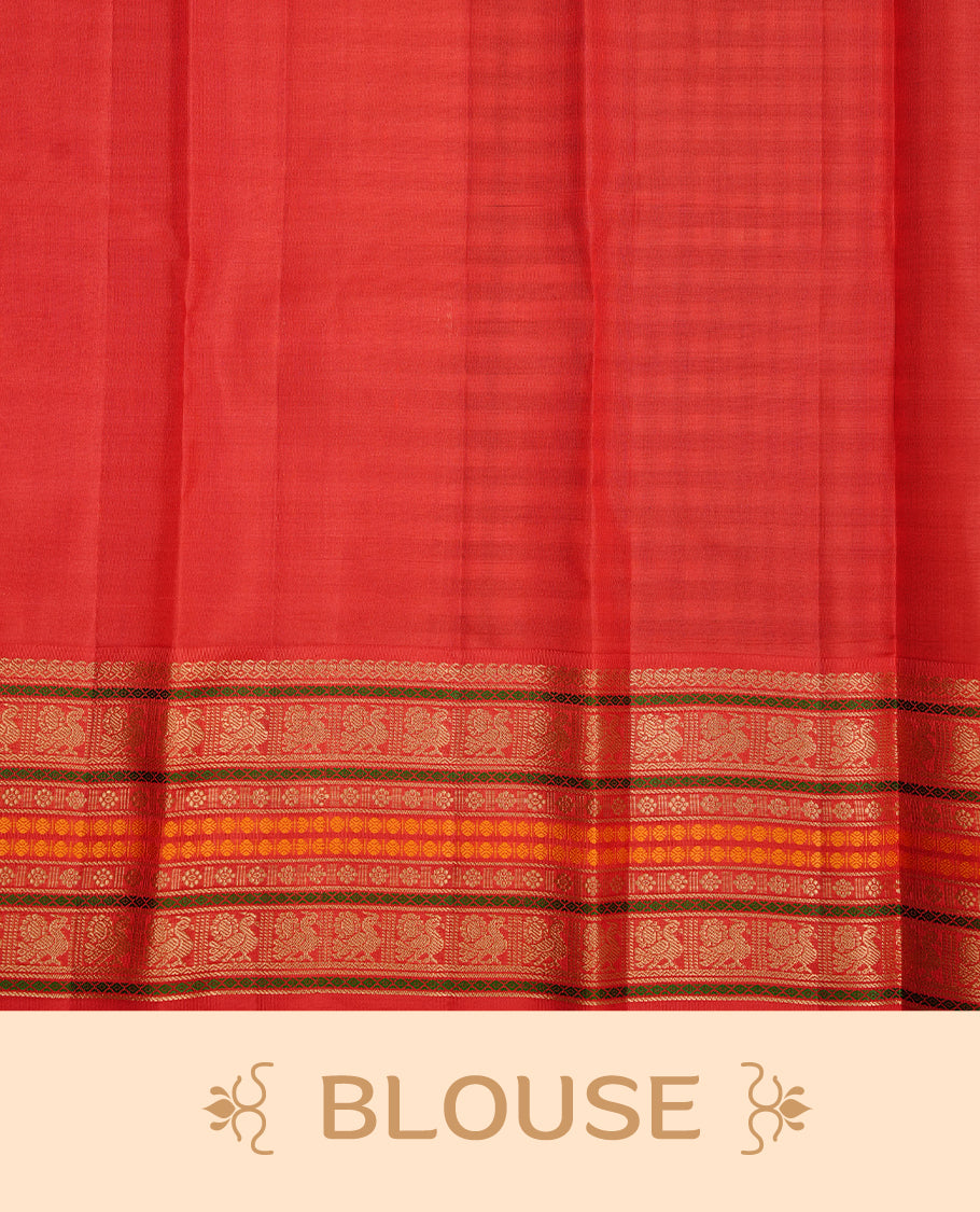 Black & beige colour traditional kancheepuram silk saree featuring check pattern on body, complemented by contrast multicolour with gold zari traditional border, paired with matching blouse piece.