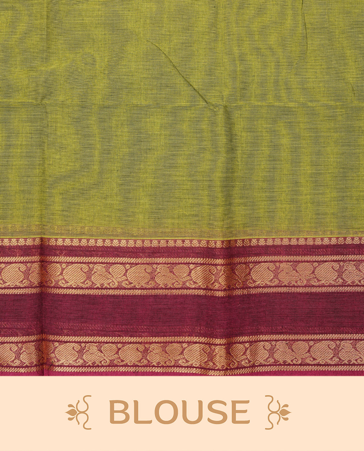 Olive green colour chettinad cotton saree featuring elegant plain body, Contrast magenta colour with Gold zari border, comes with matching blouse piece.