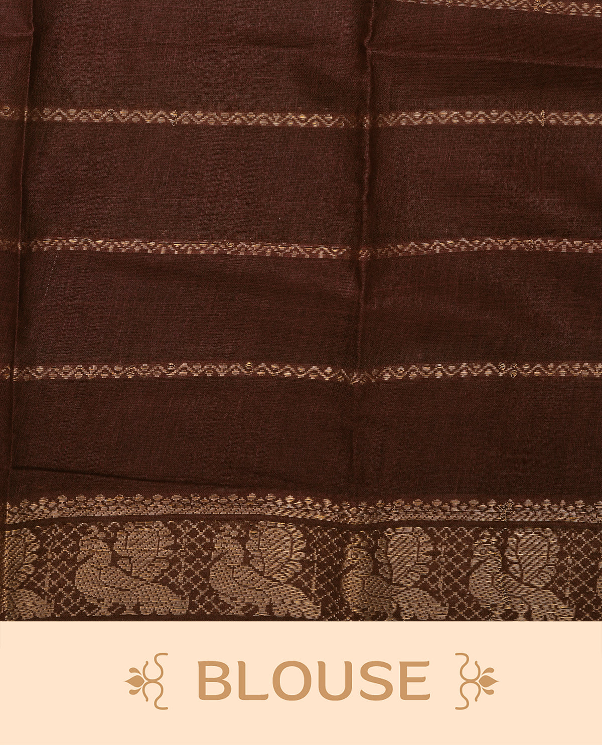 Magenta Colour Sungudi Cotton Saree with peacock gold zari stripes on the body, a matching gold zari border, and a striped gold zari pallu. Paired with a contrast Brown blouse piece  featuring gold zari work.